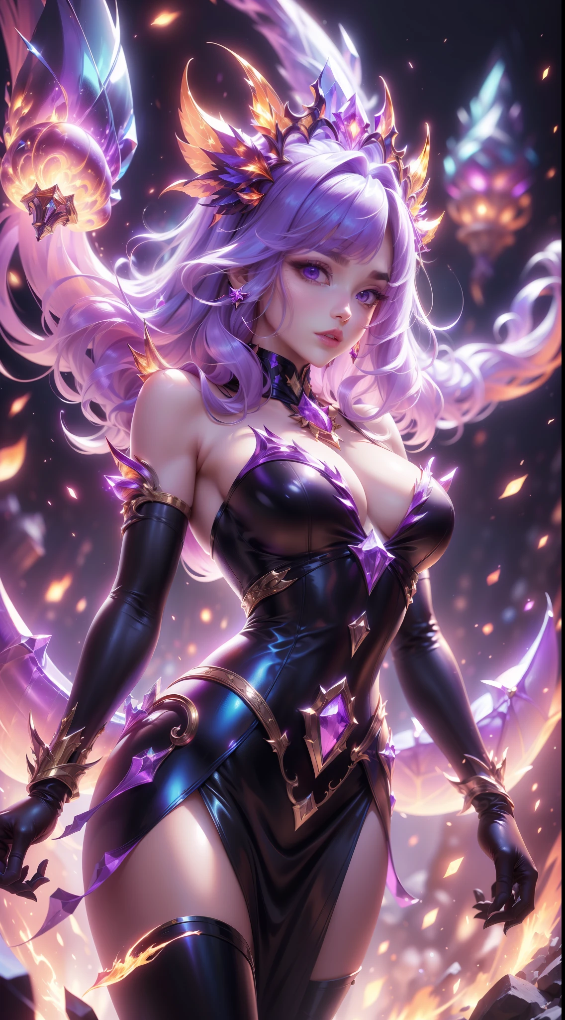 tmasterpiece, Best quality at best, Detailed pubic hair, 1个Giant Breast Girl, tightly dress, Magic Array, Cast spells, fanciful, Purple power, strength, firey, meteors, mages, A high resolution, medieval village, firestorm, on fire, Village Street, Rochas, dirt