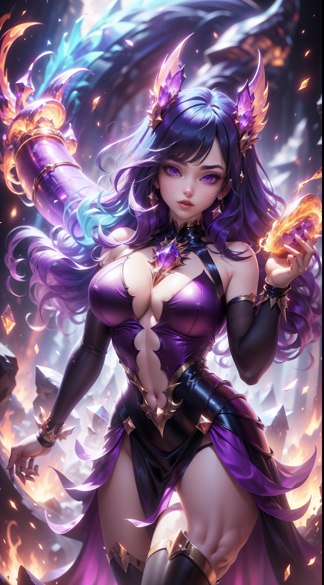 tmasterpiece, Best quality at best, Detailed pubic hair, 1个Giant Breast Girl, tightly dress, Magic Array, Cast spells, fanciful, Purple power, strength, firey, meteors, mages, A high resolution, medieval village, firestorm, on fire, Village Street, Rochas, dirt