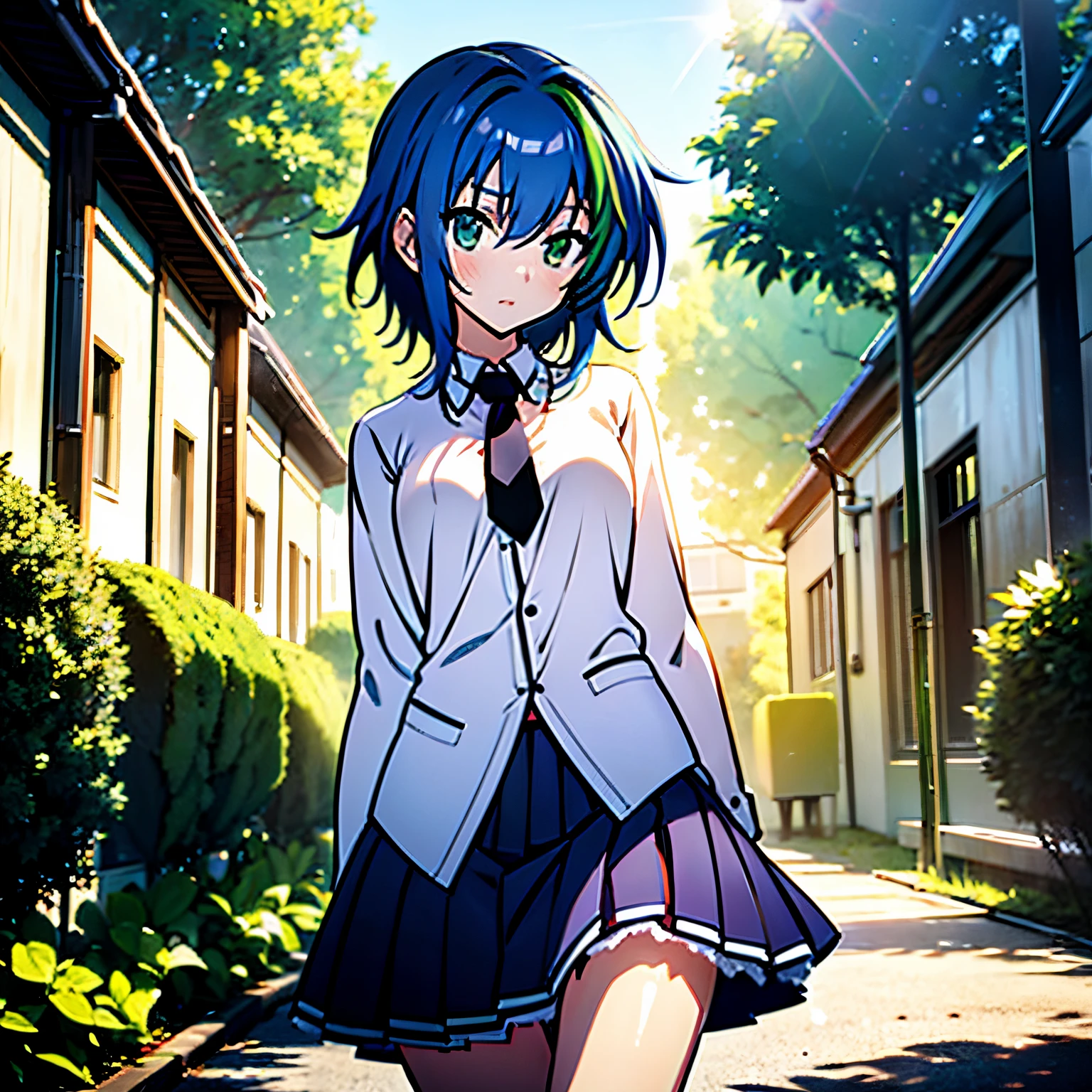 1 woman , short hair, blue hair, green locks, green hair lights, wearing white student shirt, black skirt, flat chest, small breasts, white student outfits, in a garden, school on background, 4k, sun shinning in background, masterpiece, good anathomy