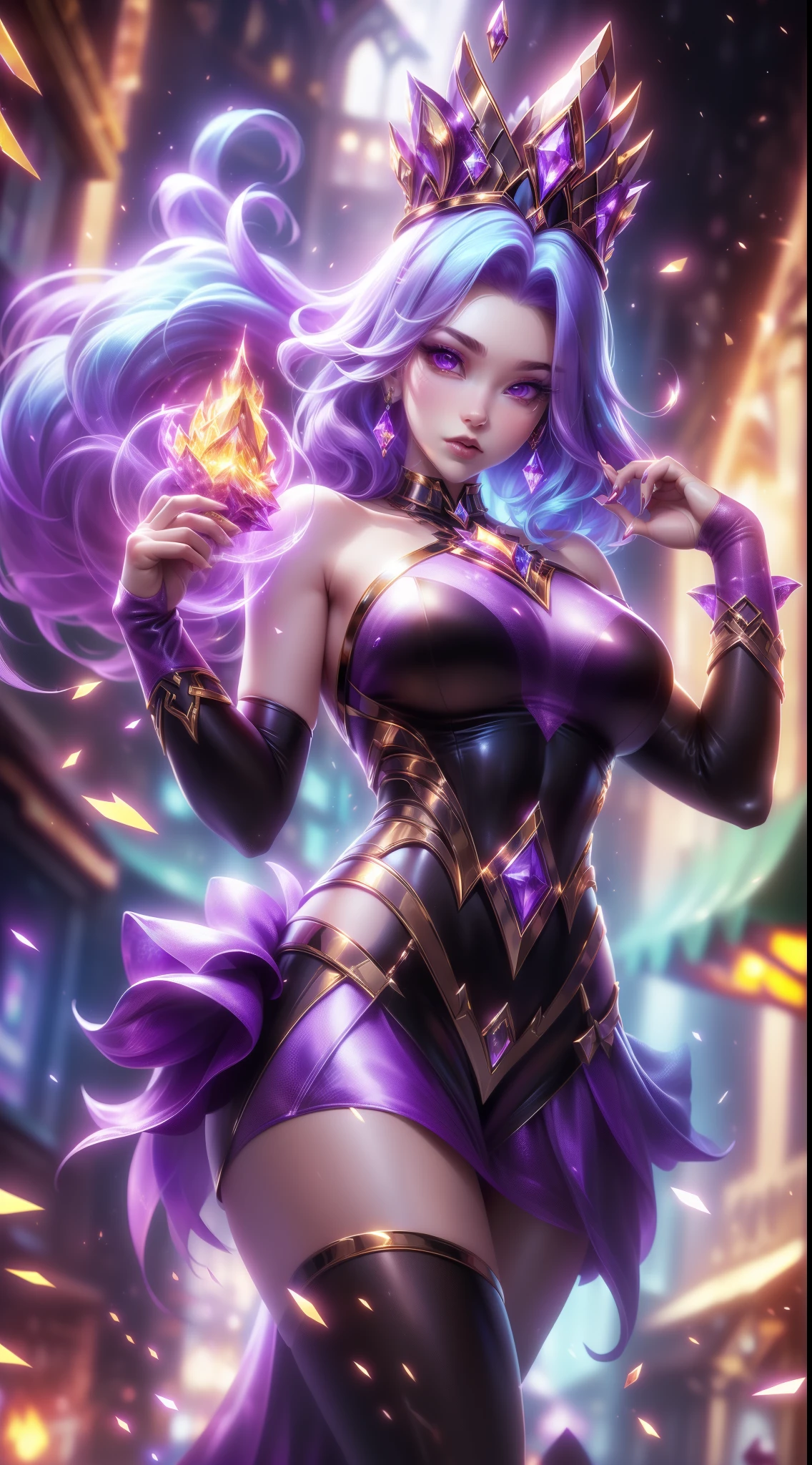 tmasterpiece, Best quality at best, Detailed pubic hair, 1个Giant Breast Girl, tightly dress, Magic Array, Cast spells, fanciful, Purple power, strength, firey, meteors, mages, A high resolution, medieval village, firestorm, on fire, Village Street, Rochas, dirt