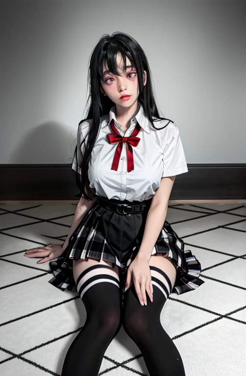 1 girl as yukino yukinoshita, absurdres, highres, solo, school uniform, big breasts, waist long black hair, (twintails:0.5), miniskirt, black thighhigh socks, loose red ribbon, unbuttoned white shirt, ahegao, (rolling eyes:1.5)