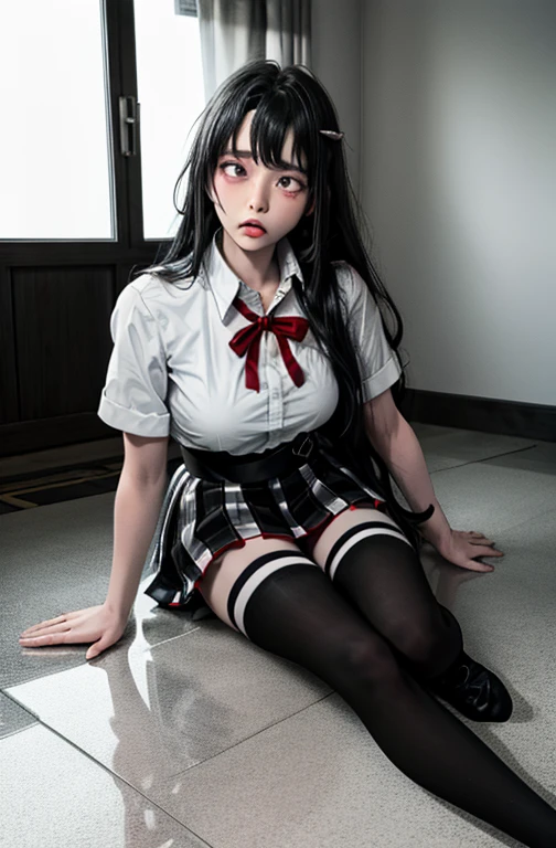 1 girl as yukino yukinoshita, absurdres, highres, solo, school uniform, big breasts, waist long black hair, (twintails:0.5), miniskirt, black thighhigh socks, loose red ribbon, unbuttoned white shirt, ahegao, (rolling eyes:1.5)