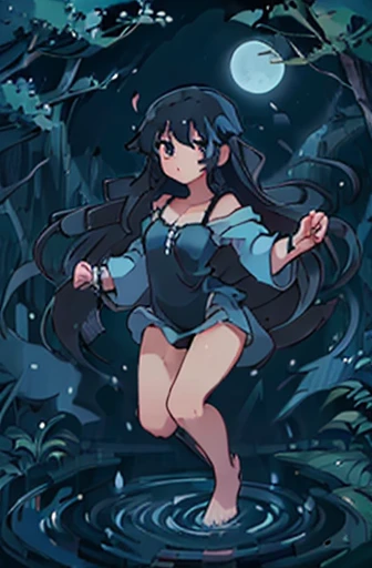 ((perfect asian girl)) (naked) ((very long blue-black hair)) full body, dancing on the surface of a moonlit lake in the forest