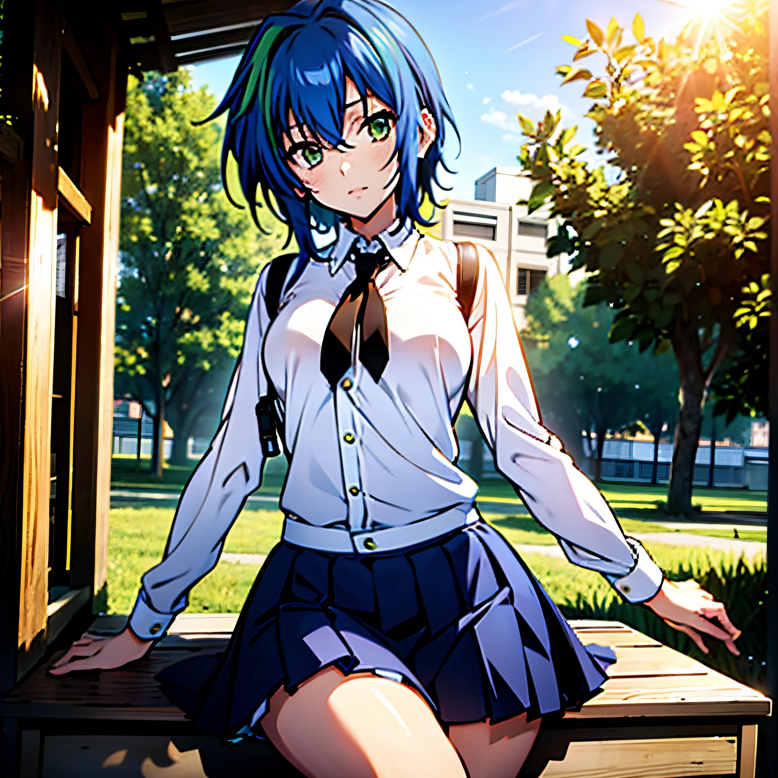 1 woman , short hair, blue hair, green locks, green hair lights, wearing white student shirt, black skirt, flat chest, small breasts, white student outfits, in a garden, school on background, 4k, sun shinning in background, masterpiece, good anathomy