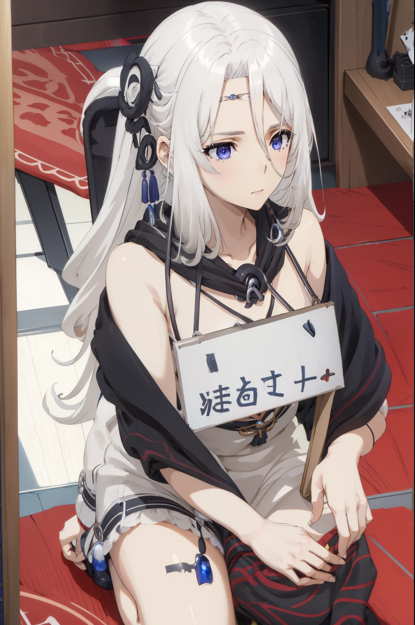 realistic, masterpiece, best quality, 1girl, long wavy ponytail hair, sign around neck,kneeling,blue eyes,white hair,