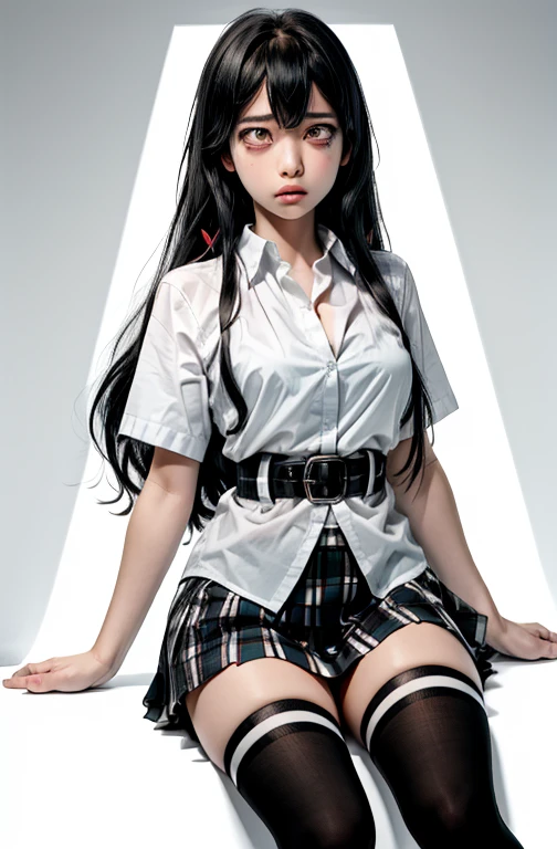 1 girl as yukino yukinoshita, absurdres, highres, solo, school uniform, big breasts, waist long black hair, (twintails:0.5), miniskirt, black thighhigh socks, loose red ribbon, unbuttoned white shirt, (ahegao:1.2), (rolling eyes:1.2), spread legs, (orgasming:1.2), fainting,