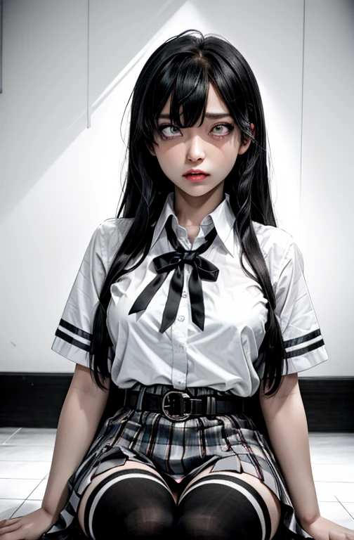 1 girl as yukino yukinoshita, absurdres, highres, solo, school uniform, big breasts, waist long black hair, (twintails:0.5), miniskirt, black thighhigh socks, loose red ribbon, unbuttoned white shirt, (ahegao:1.2), (rolling eyes:1.2), spread legs, orgasming, fainting,