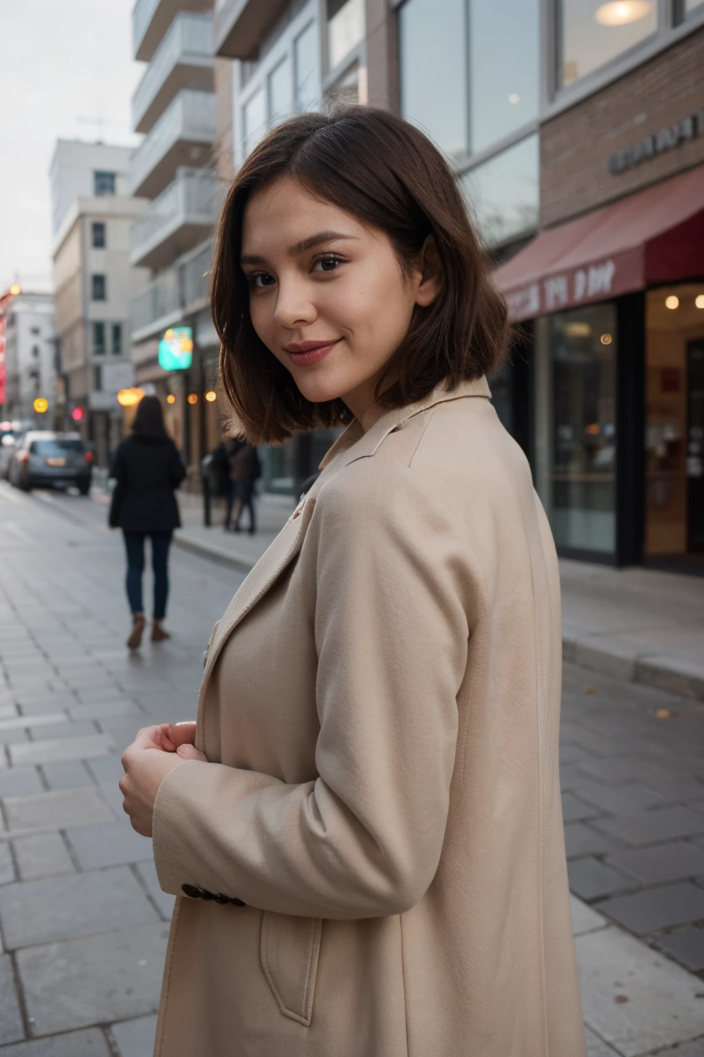 Casual side photo of 35 years old Russian Asian woman with elegant Bob haircut in coat with gentle cute smile fixing her hair
