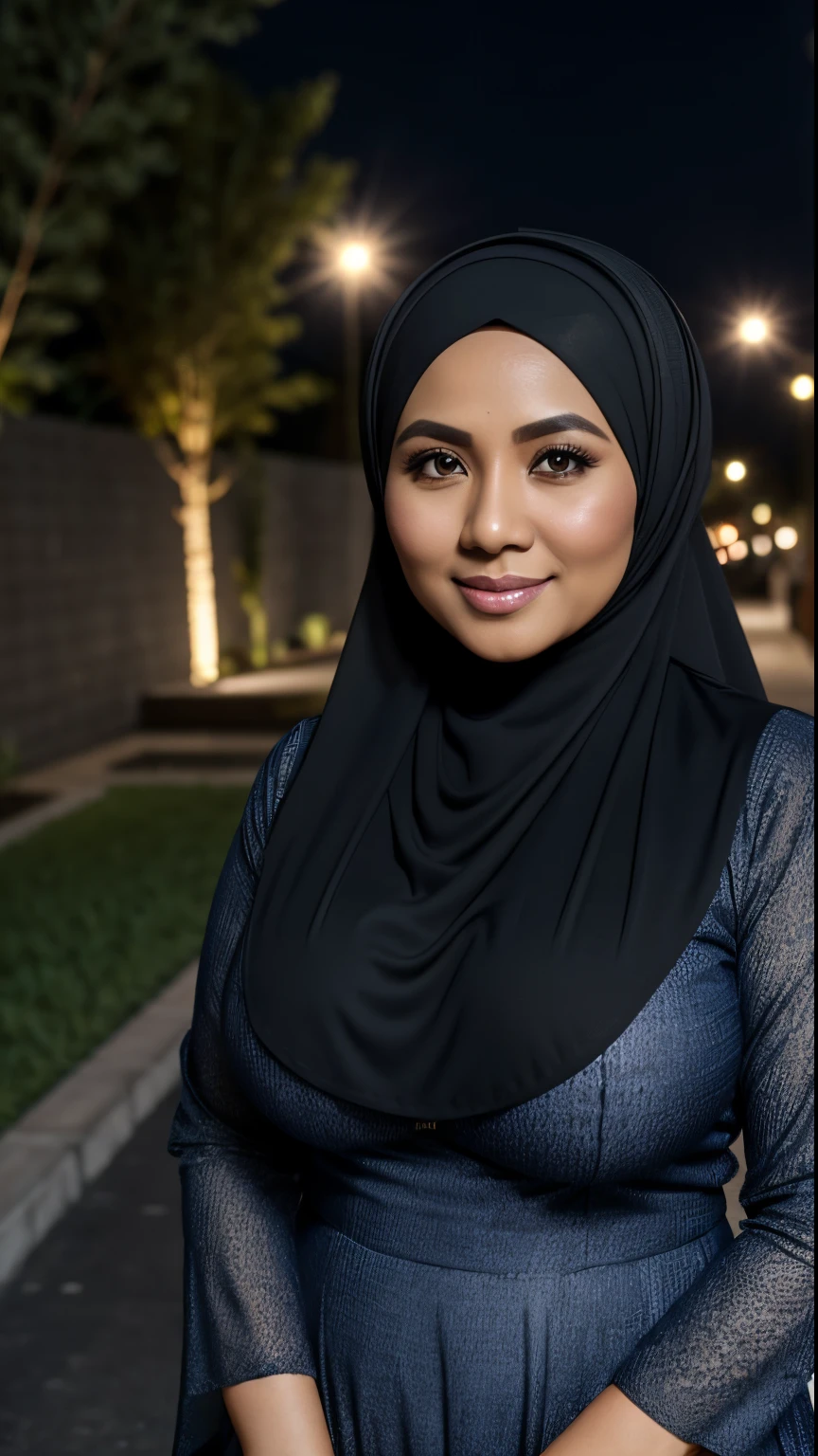 34 Years old, Indonesian MILF, wearing Wide Hijab, perfect curvy body, natural Huge breast : 42.9, gorgeous eyes, Soft smile, wear Gamis, necklace, hairband, Nightime walk, City garden, Excellent lighting, Dark colors, Clean lines, 64MP, Canon EOS 250D, 300dpi F2.