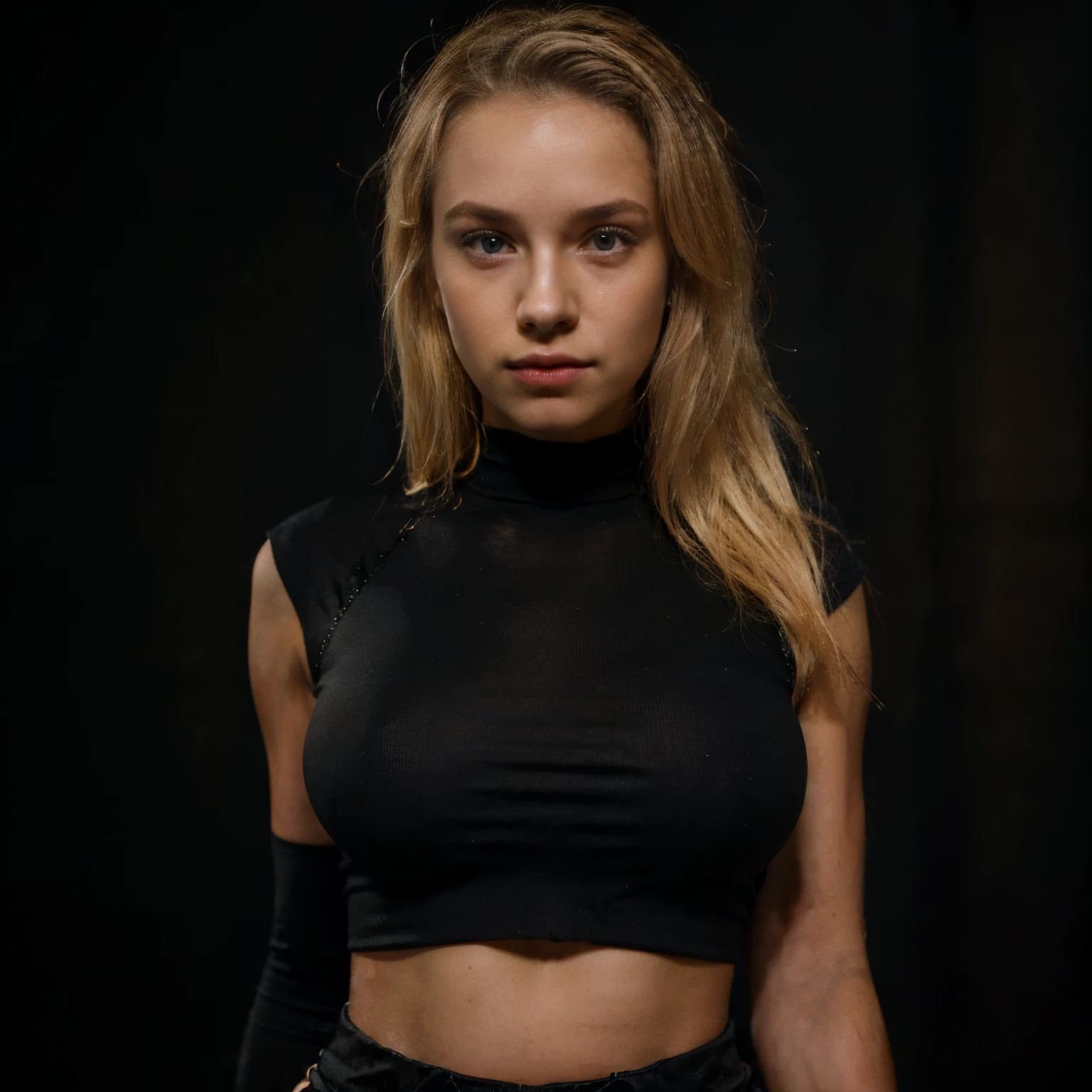 Front bodyshot of 25yo European woman, blonde hair, serious, (amazing skin detail: 1.4), (natural skin: 1.2), (pores: 0.6), makeup, (detailed eyes: 1.2), black background, studio, light border, dark atmosphere, (bokeh: 1.2), photography, cinematic, photorealistic, ultrarealistic, fit girl, skintight top, skirt, perfect figure, medium chest