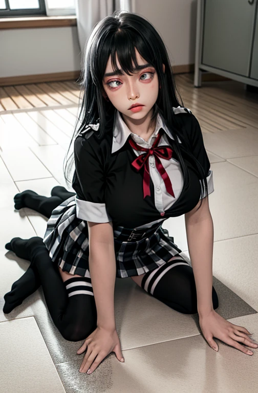 1 girl as yukino yukinoshita, absurdres, highres, solo, school uniform, big breasts, waist long black hair, (twintails:0.5), miniskirt, black thighhigh socks, loose red ribbon, unbuttoned white shirt, ahegao, (rolling eyes:1.5)