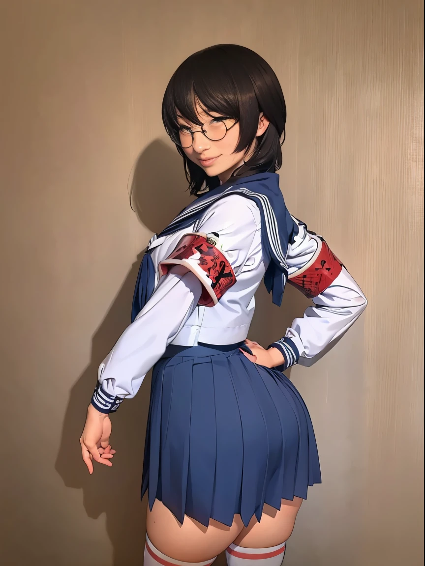 Suzuka, hair, medium hair, glasses, Japanese, eyes, nose, lips, figure, medium breasts, seifuku shirt, red arm band, high cut thong underwear, bubble butt, medium blue skirt, mid high socks, shoes, wallpaper, standing up, skirt lift, ecchi, tease, looking back, smirking look