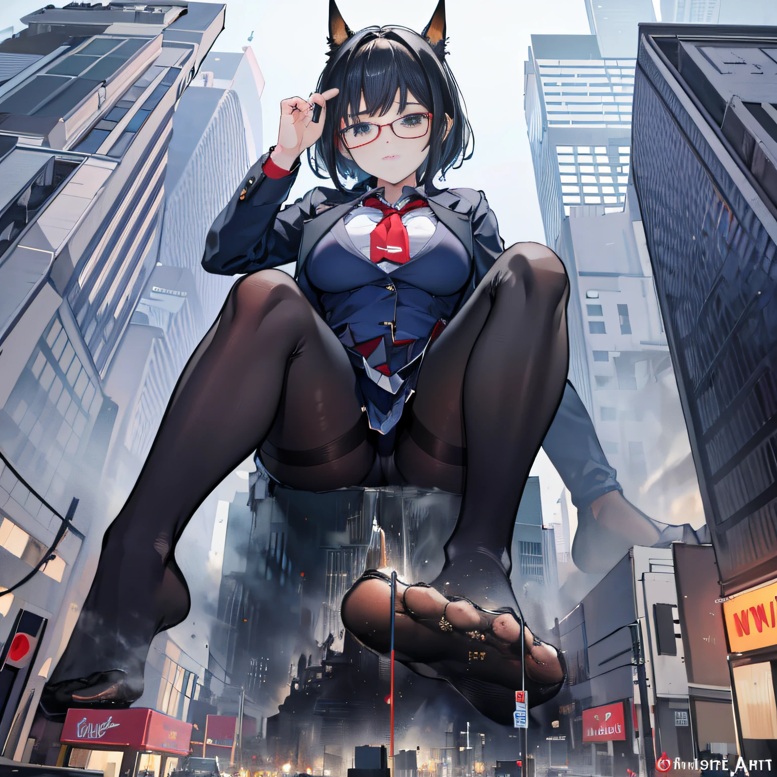 giantess art, a hyperrealistic schoolgirl, , highly detailed giantess shot, der riese, Shorthair, Black pantyhose, A gigantic high school girl that exceeds a skyscraper, Wearing rimless glasses, Colossal tits, Navy blue blazer, Red tie, Mini Length Skirt, Black pantyhose, Pantyhose sole, Pantyhose Toe, hands off shoes, very small metropolis, Trying to destroy a miniature metropolis, Full body depiction, nffsw, der riese, Black pantyhose, Pantyhose legs, Pantyhose feet, ,Stomping City,crash city,Small town,micro city,