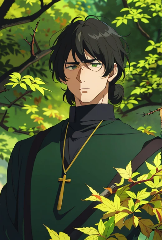 Masterpiece , solo , 1MALE , young male , short black hair , curly bangs , mullet hairstyle , dark green eyes , eye bags , serious expression , plain black shirt , religious leader , dark forest background , praying , surrounded by branches and thorns ,