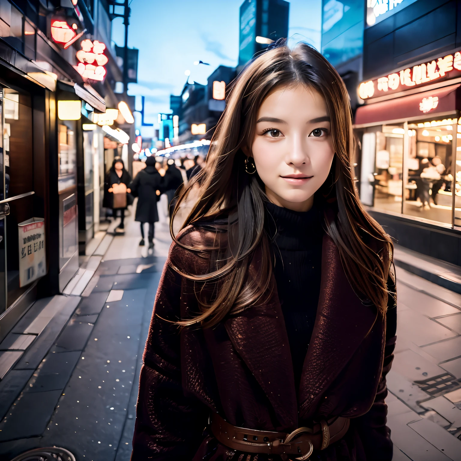 Photorealsitic, 8k full-length portraits, Beautuful Women, A charming expression, sixteen years old, TOKYOcty, Winters, Shibuya in the background