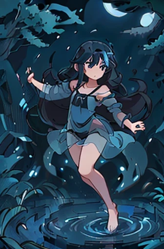 ((perfect asian girl)) ((very long blue-black hair)) full body, dancing on the surface of a moonlit lake in the forest, wearing only a thin see-through nightgown
