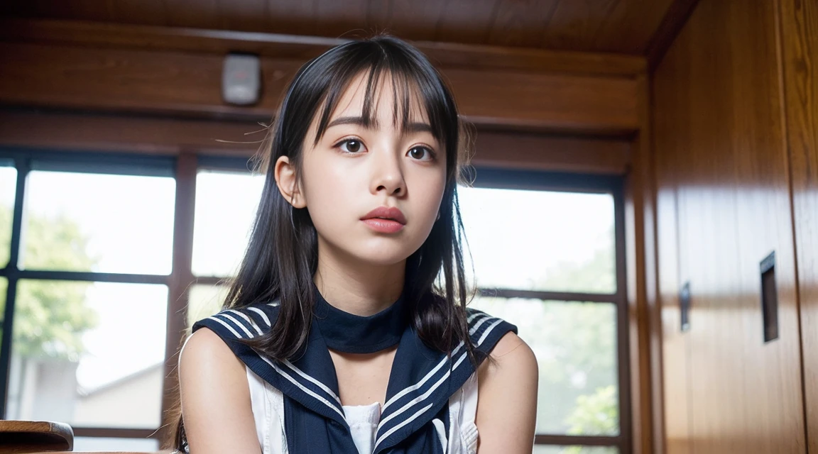 (Best Quality, 8K, 32 k, masutepiece, (english) (english) (english):1.2), (Raw foto), (realisitic), (Photorealistic:1.2), (high resolucion), Ultra-detailed, extremely beautiful face & eyes, 1girll, (Lori, 14 year old:1.2), young female, round small face, thin-waist, tits huge, slim proportions, (Uniform of Japanese sailors, sailor fuku, serafuku, japanese school sailor uniform, stripe pleated skirt:1.27), (From below, white thong, groin:1.24), in the classroom, wearing headphones, seating on the chair, looking out of the window, raining outside, rainy mood