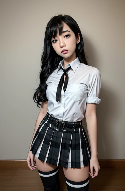 1 girl as yukino yukinoshita, absurdres, highres, solo, school uniform, big breasts, waist long black hair, (twintails:0.5), miniskirt, black thighhigh socks, loose red ribbon, unbuttoned white shirt, (ahegao:1.2), (rolling eyes:1.2)