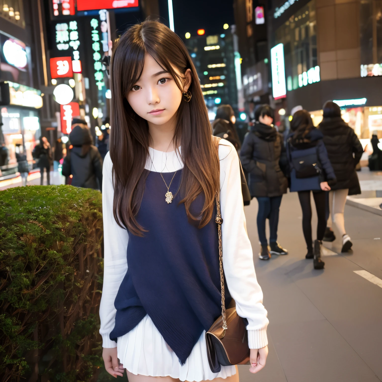 Photorealsitic, 8k full-length portraits, Beautuful Women, A charming expression, sixteen years old, TOKYOcty, Winters, Shibuya in the background
