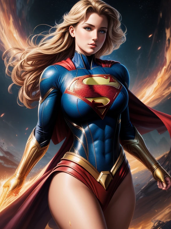 (Best Quality, masterpiece, ultra-detailer, 16K resolution, extremely detailed), Abstract expressionist painting "Hyperion", Supergirl, gigantic breasts, large breasts, tarot card, Digital Painting, character concept art portrait, catastrophe,