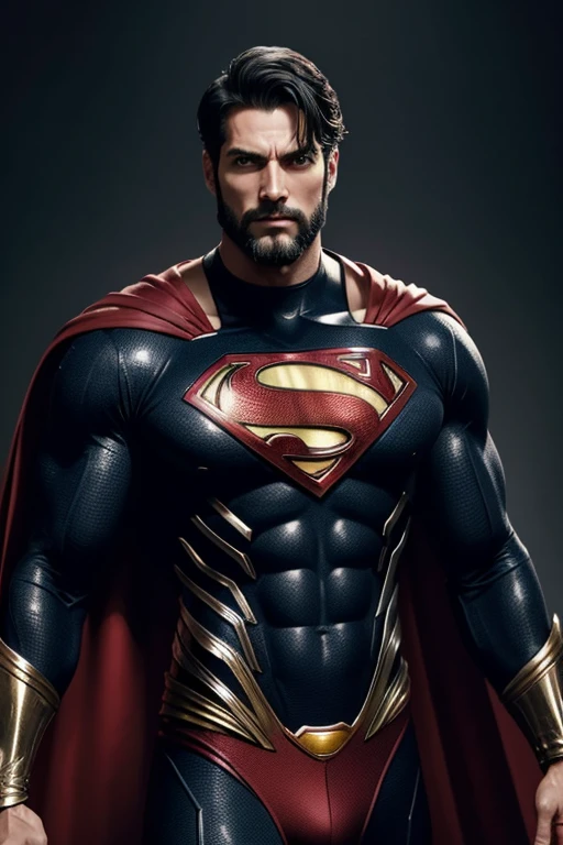 Superman, 40s year old, shirtless, black beard, all details black and red suit, big S symbol on the chest, red cover, strain of hair covering forehead, short cut hair, neat hair, tall, manly, hunk body, muscular, straight face, black hair, best quality, high resolution:1.2, masterpiece, raw photo, dark background, detailed suit, detailed face, upper body shot