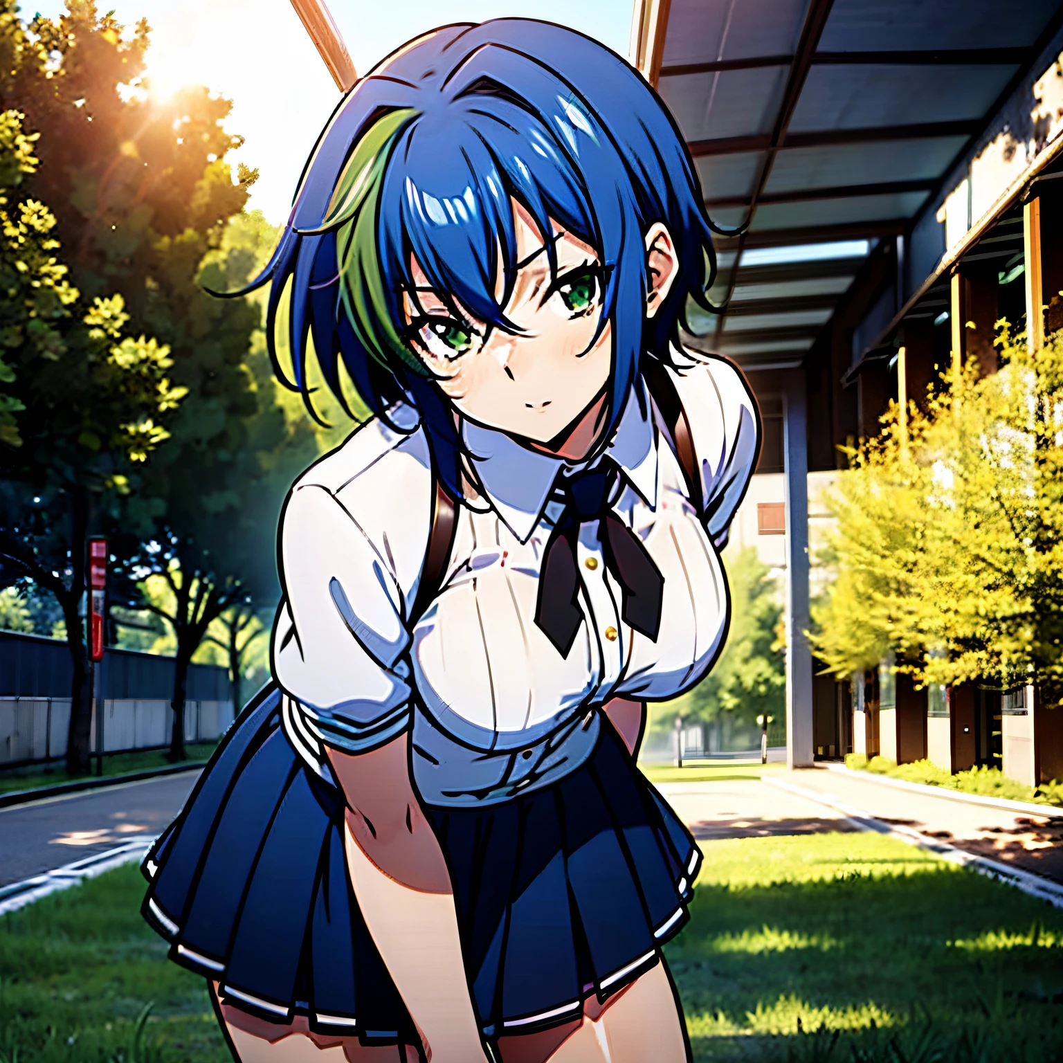 1 woman , short hair, blue hair, green locks, green hair lights, wearing white student shirt, black skirt, flat chest, small breasts, white student outfits, in a garden, school on background, 4k, sun shinning in background, masterpiece, good anathomy