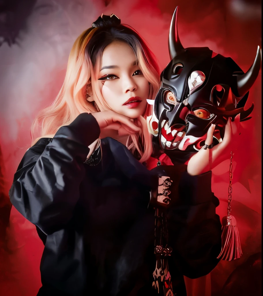 rosa preto'rosa preto'Jennie holding a devil mask and chain, as a super villain, with kitsune mask, Artista coreano, mika kurai demon, cruel korean goth girl, villain wearing a red oni mask, as a super villain, giesha demon, portrait of demon girl, olhar assustador,