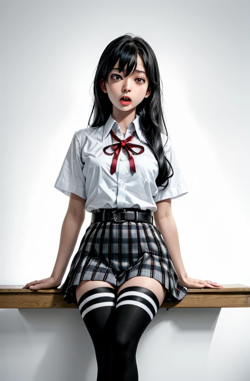 1 girl as yukino yukinoshita, absurdres, highres, solo, school uniform, big breasts, waist long black hair, (twintails:0.5), miniskirt, black thighhigh socks, loose red ribbon, unbuttoned white shirt, (ahegao:1.2), (rolling eyes:1.2), legs wide open
