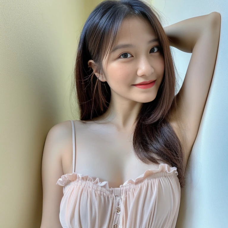 (masterpiece,best quality,ultra detailed,4k portrait:1.5),POOR BREAST: 1.3, NO BREAST: 1.3, slender young Vietnamese girl, armpit showing, belly showing, full body shot.