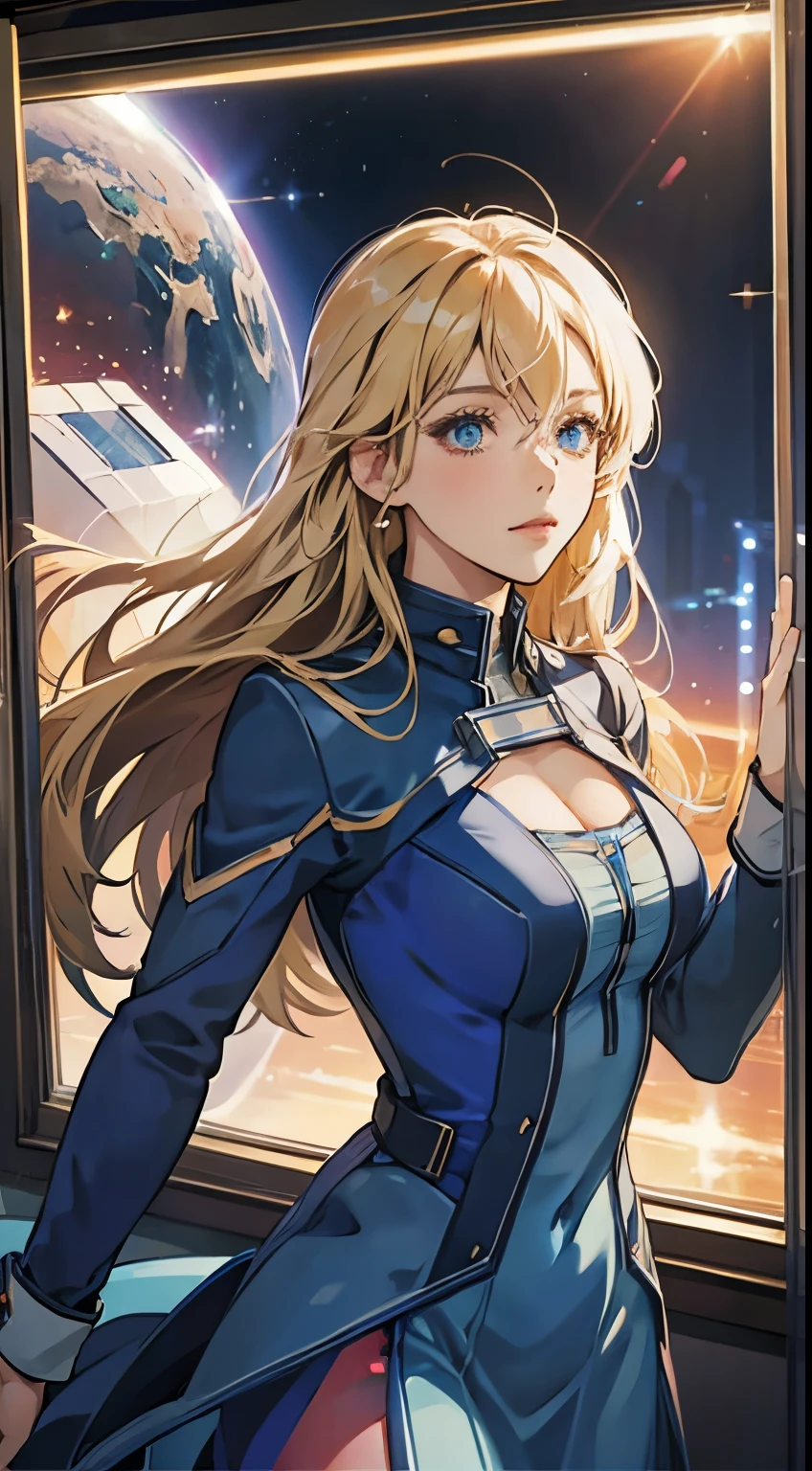 gorgeous blonde anime woman in tecnologic blue dress semitransparent, medium chest, in a space station, earth visible in space behind a big glass window, anime style, digital art, 8k