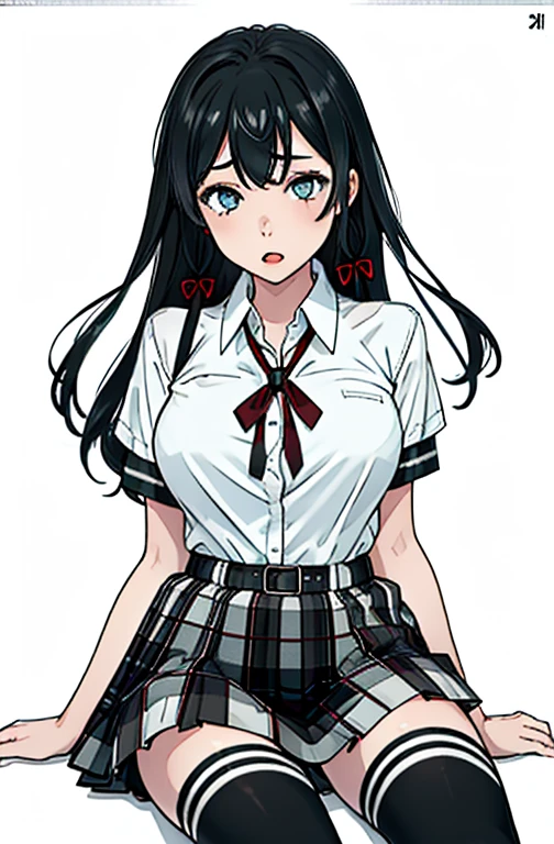 (full figure:1.1), 1 girl as yukino yukinoshita, absurdres, highres, solo, school uniform, big breasts, waist long black hair, (twintails:0.5), miniskirt, (black thighhigh socks:1.1), loose red ribbon, unbuttoned white shirt, (ahegao:1.1), (rolling eyes:1.1), (female masturbation:1.2)