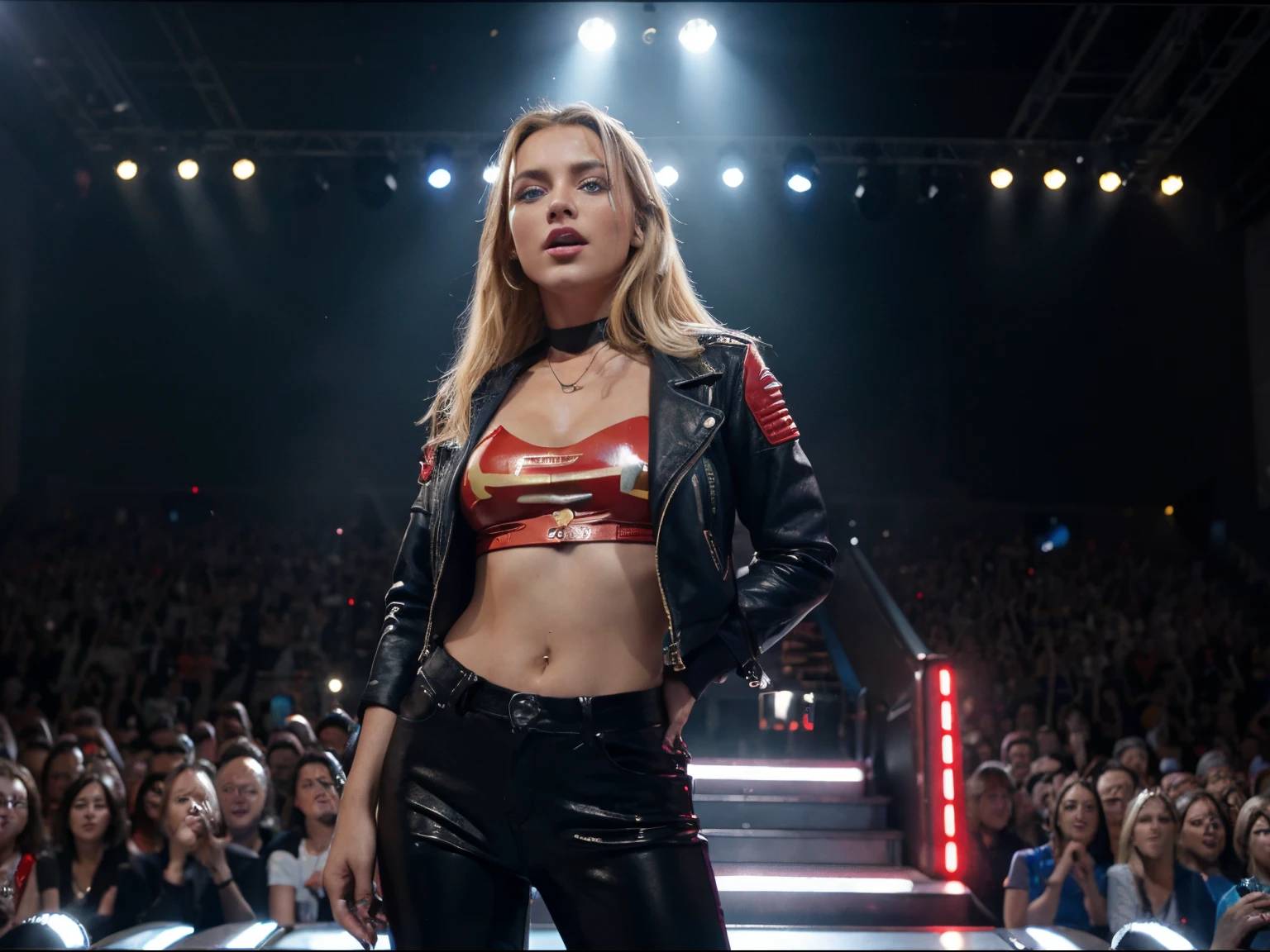 Capa dvd, Eurodance, Tomorrowland festival, Belgica, Blonde woman, blue eyes, singing with a microphone, cantando, red leather jacket, black pants, perfect body, ultra-realistic HD, 8K render, realistic, cinematic, photorealistic, Unreal Engine 5, bright sunny day, full screen