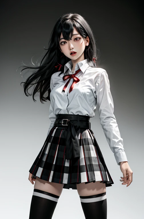 1 girl as yukino yukinoshita, absurdres, highres, solo, school uniform, big breasts, waist long black hair, (twintails:0.5), miniskirt, black thighhigh socks, loose red ribbon, unbuttoned white shirt, (ahegao:1.2), (rolling eyes:1.2), (legs wide open:1.1)