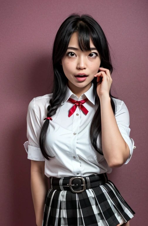 1 girl as yukino yukinoshita, absurdres, highres, solo, school uniform, big breasts, waist long black hair, (twintails:0.5), miniskirt, black thighhigh socks, loose red ribbon, unbuttoned white shirt, (ahegao:1.2), (rolling eyes:1.2)