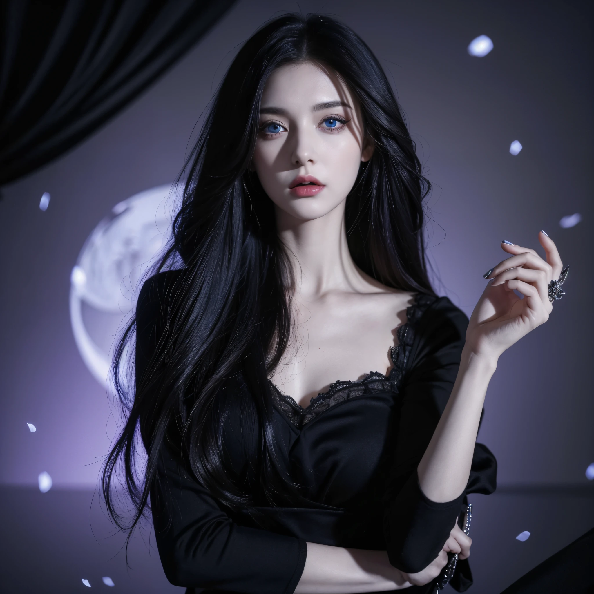 (8k, 4k, best quality, highres, ultra high res:1.1), (masterpiece, realistic, photo-realistic:1.1) woman with black hair, black dress, blue eyes, white/pale skin, goth, emo