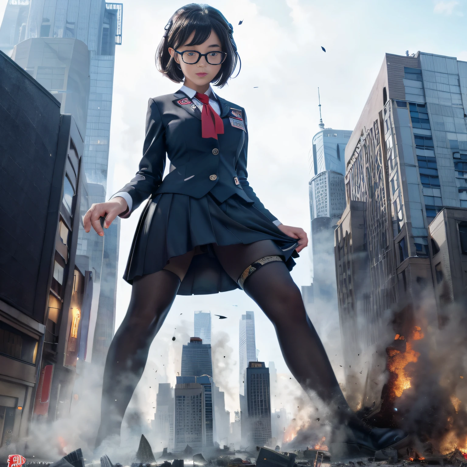 giantess art, a hyperrealistic schoolgirl, , highly detailed giantess shot, der riese, Shorthair, Black pantyhose, Giant high school girl that exceeds a skyscraper, Wearing rimless glasses, Colossal tits, Navy blue blazer, Red tie, Mini Length Skirt, Black pantyhose, Pantyhose sole, Pantyhose Toe, hands off shoes, very small metropolis, Trying to destroy a miniature metropolis, Full body depiction, nffsw, der riese, Black pantyhose, Pantyhose legs, Pantyhose legs, ,Stomping City,crash city,Small town,micro city,