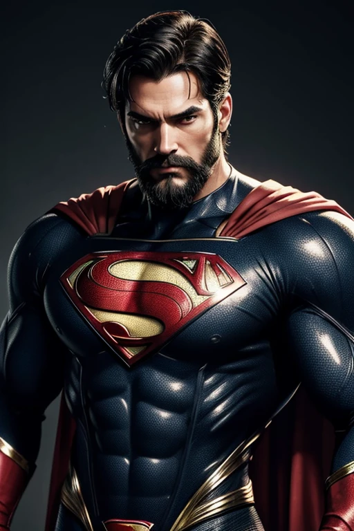 Superman, 40s year old,  shirtless, bare chest with the letter s written on it,  black beard, all details black and red suit, big S symbol on the chest, red cover, strain of hair covering forehead, short cut hair, neat hair, tall, manly, hunk body, muscular, straight face, black hair, best quality, high resolution:1.2, masterpiece, raw photo, dark background, detailed suit, detailed face, upper body shot