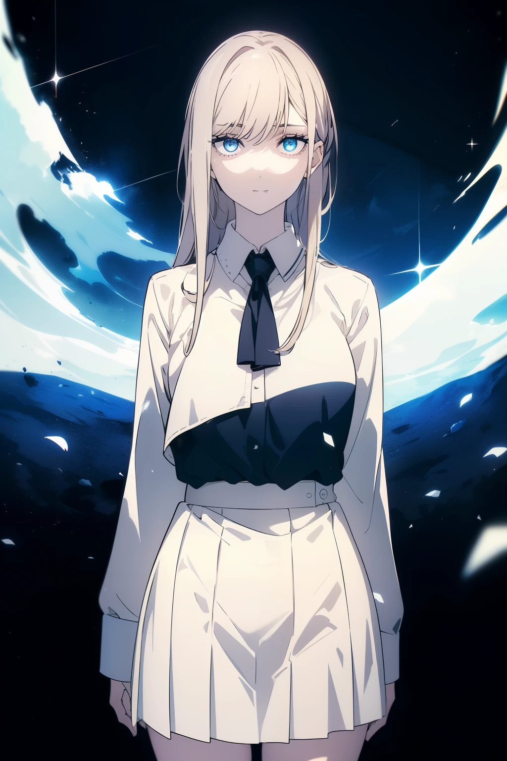 (((Obra maestra, La mejor calidad, ultrahigh resolution))), 1girl, standing, school uniform, white office shirt, black pleated skirt, ((light brown hair:0.7)), long hair cut, pale skin, ((blue eyes)), glowing_eyes, neon eyes, (((ultra detailed eyes, beautiful and detailed face, detailed eyes))), ((centered)), smile, ((wide shot)), facing viewer, eye level, (blurry background, night sky background), flat chested, looking at viewer, ((half closed eyes)), ((perfect hands)), (((head, arms, hips, elbows, in view))), ((hands behind back)), empty eyes, beautiful lighting, outside, outdoors, shooting star:0.7, background, defined subject, massive moon, 25 years old
