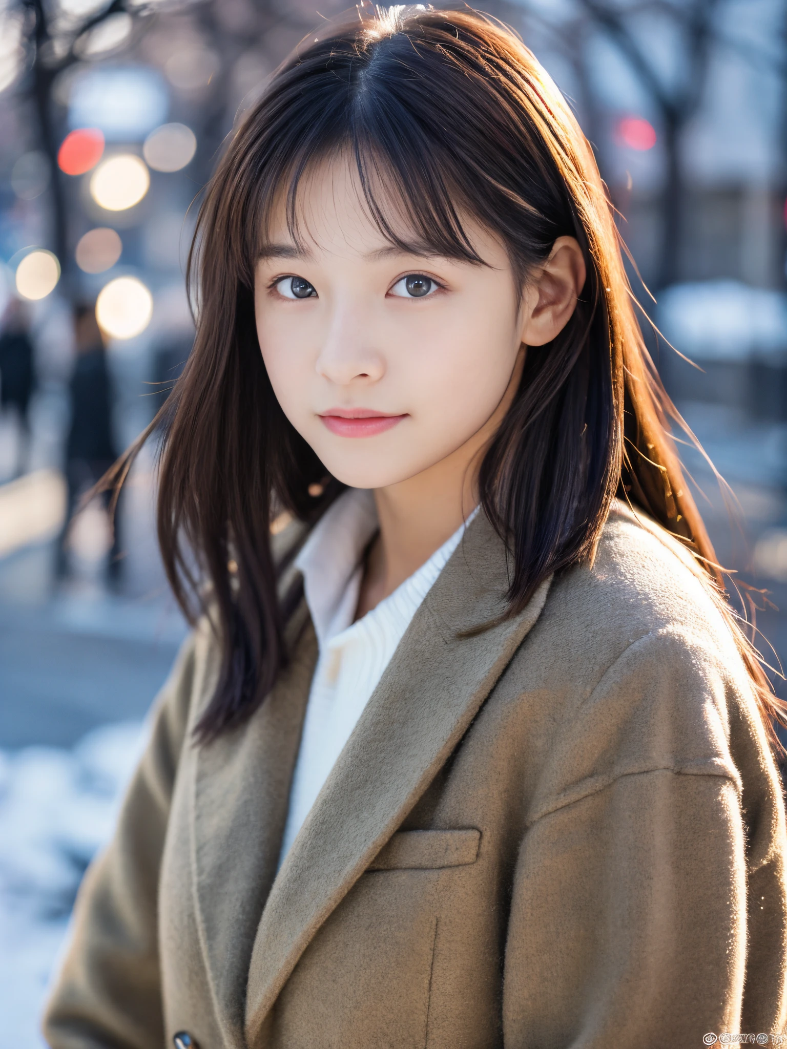 Photorealsitic, 8k full-length portraits, Beautuful Women, A charming expression, sixteen years old, TOKYOcty, Winters, Shibuya in the background