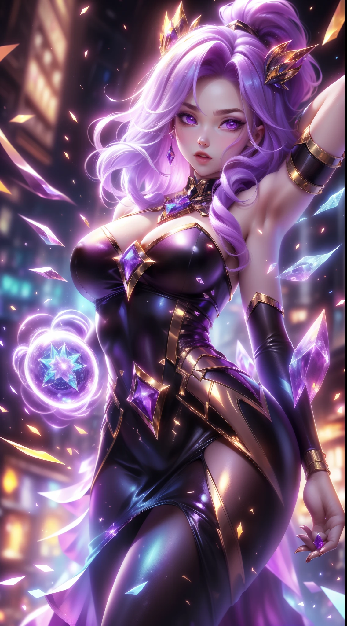 tmasterpiece, Best quality at best, Detailed pubic hair, 1个Giant Breast Girl, tightly dress, Magic Array, Cast spells, fanciful, Purple power, strength, firey, meteors, mages, A high resolution, medieval village, firestorm, on fire, Village Street, Rochas, dirt