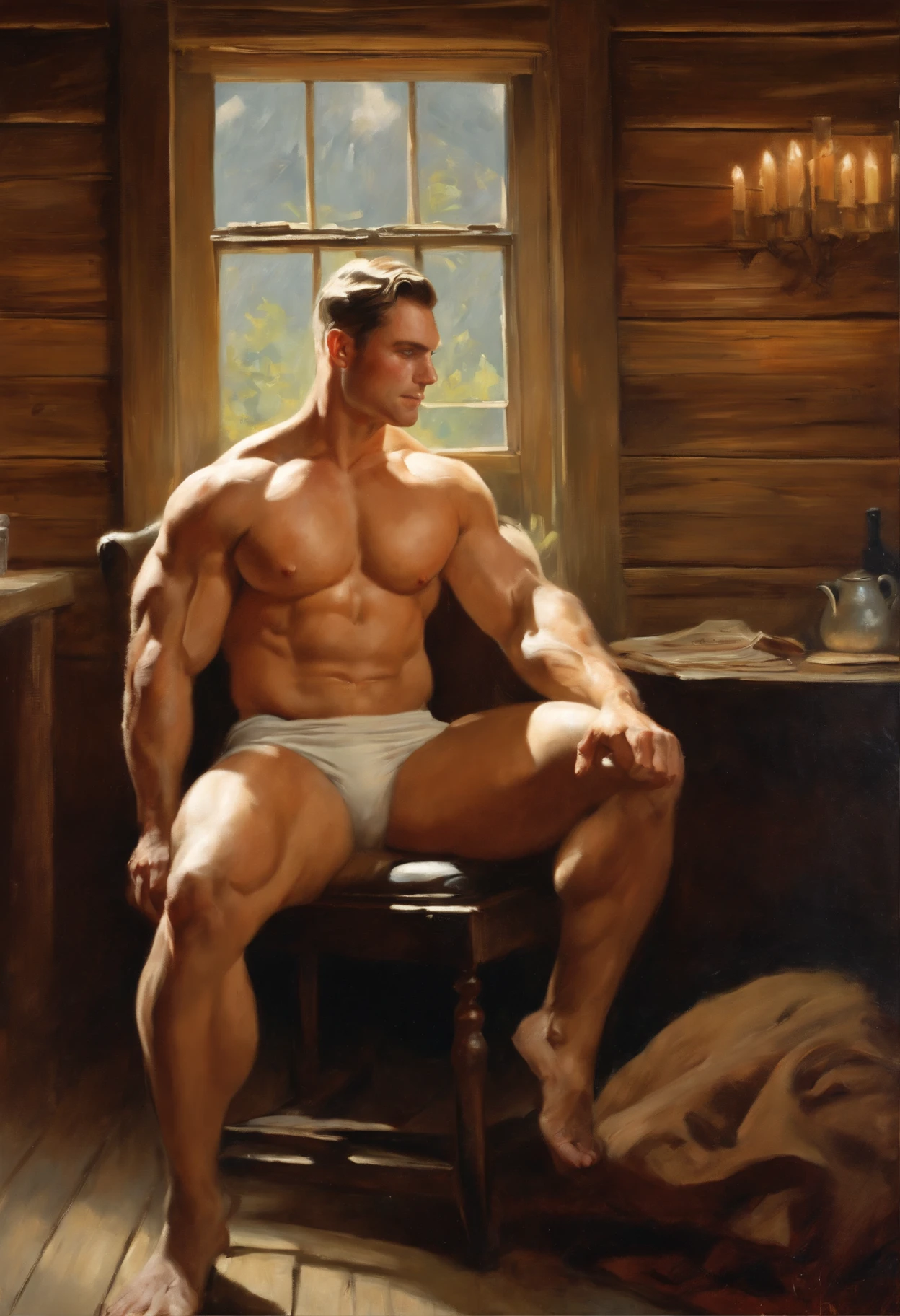 oil painting of a naked handsome muscular bodybuilder male inside a 1 9 0 0 s cabin, sans clothing, with big  and big butt, lying on a chair spreading his legs, toned big body, perfect composition, exposed naked body, kind face, beard, riqué, procovative painting, natural color, by harry bush, James Montgomery Flagg and Lois van Baarle and jim french and rossdraws,