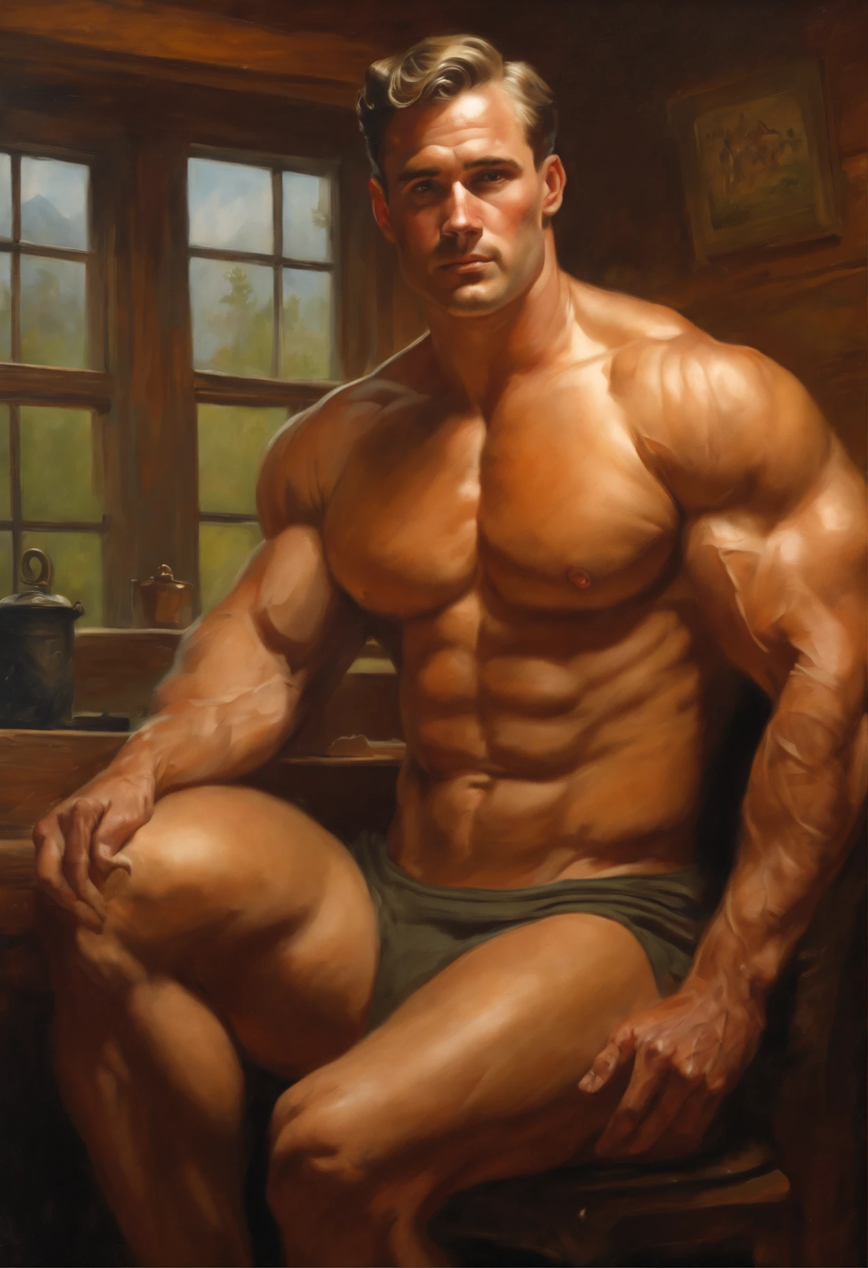 oil painting of a naked handsome muscular bodybuilder male inside a 1 9 0 0 s cabin, sans clothing, with big penis and big butt, sitting on a chair spreading his legs, toned big body, perfect composition, exposed naked body, kind face, beard, riqué, procovative painting, natural color, by harry bush, James Montgomery Flagg and Lois van Baarle and jim french and rossdraws,