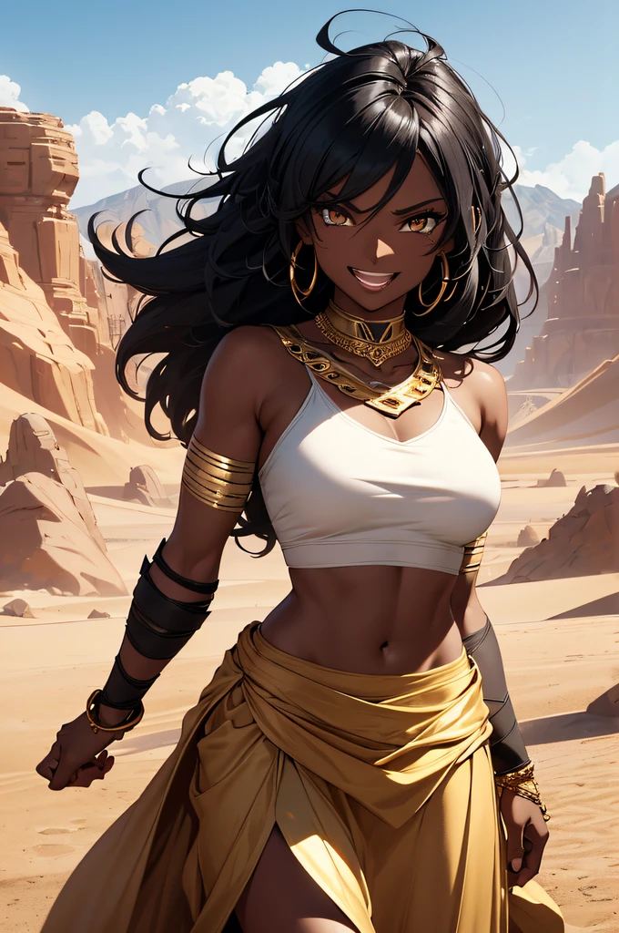(Masterpiece, Best quality, high resolucion) 1 female guerrière musclée à la peau foncée and aux cheveux noirs, riant, in a desert. Elle a les yeux dorés, Tatouages, clothing in the desert (haut blanc and jupe dorée) avec des bandages sur les bras. Monde fantastique, angle dynamique