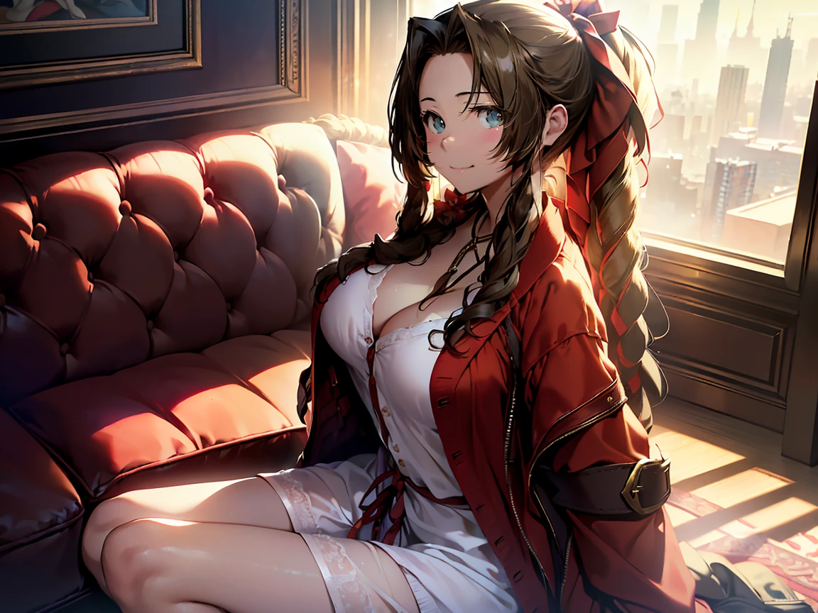 (top-quality, masterpiece, (Ultra high definition,4K), (超A high resolution:1.3, in 8K),masutepiece:1.2), (Angle from above), (Perfect Anatomy,Anatomically accurate), (Soft lighting, 光线追踪), (((Open legs sitting on a sofa in the lobby of a luxury hotel))), ((Aerith Gainsborough lookalike)), (Girl with a nice smile), (Photorealsitic), ((Bright lighting)), (cute white nightgown), ((wear a red cardigan)), Watch viewers, (Crisp double eyelids), (fascinated expression), (large full breasts:1.4), (Textured skin), (Soft skin)