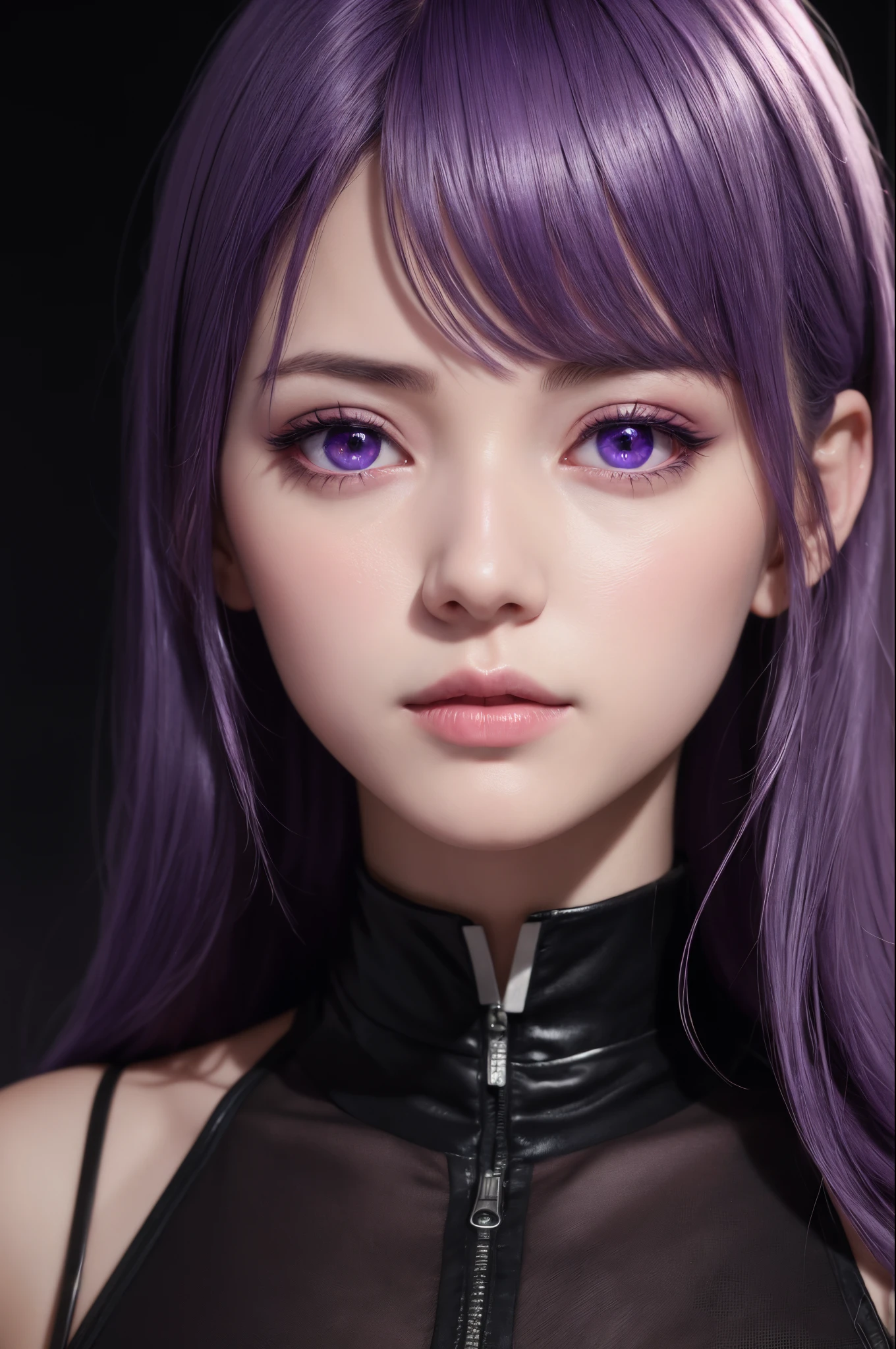 A woman with purple hair and purple eyes wearing a black top - SeaArt AI
