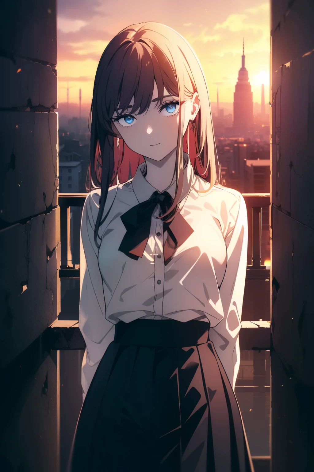 (((Obra maestra, La mejor calidad, ultrahigh resolution))), 1girl, standing, school uniform, white office shirt, black pleated skirt, ((light brown hair:0.7)), long hair cut, pale skin, ((blue eyes)), glowing_eyes, neon eyes, (((ultra detailed eyes, beautiful and detailed face, detailed eyes))), ((centered)), smile, ((wide shot)), facing viewer, eye level, (blurry background, sunset background, on top of building view), flat chested, looking at viewer, ((half closed eyes)), ((perfect hands)), (((head, arms, hips, elbows, in view))), ((hands behind back)), empty eyes, beautiful lighting, outside, outdoors, shooting star:0.7, background, defined subject, (summer lighting), 25 years old