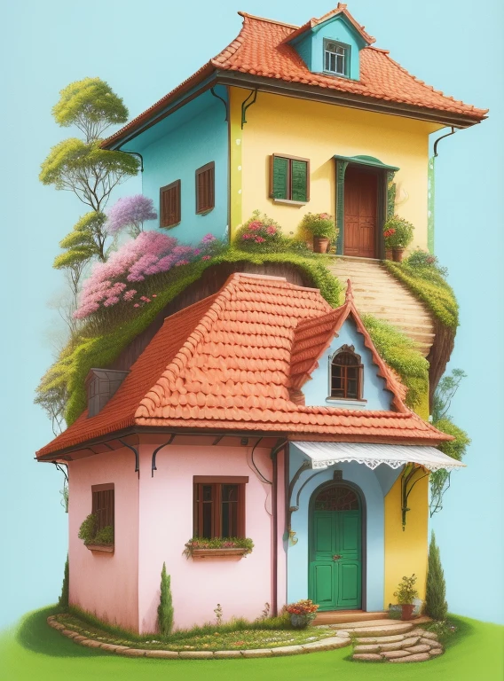 tem um desenho de uma casa com um gato na frente, fairy palace, full-colour illustration, fairy palace, floresta extravagante, ilustrado em estilo caprichoso, full-colour illustration, Casa da Fantasia, full-colour illustration, Casa dos Elfos, desenho colorido, colorful kids book illustration, arte caprichosa, Torre da Floresta Encantada, full-colour illustration, arte publicada, color page