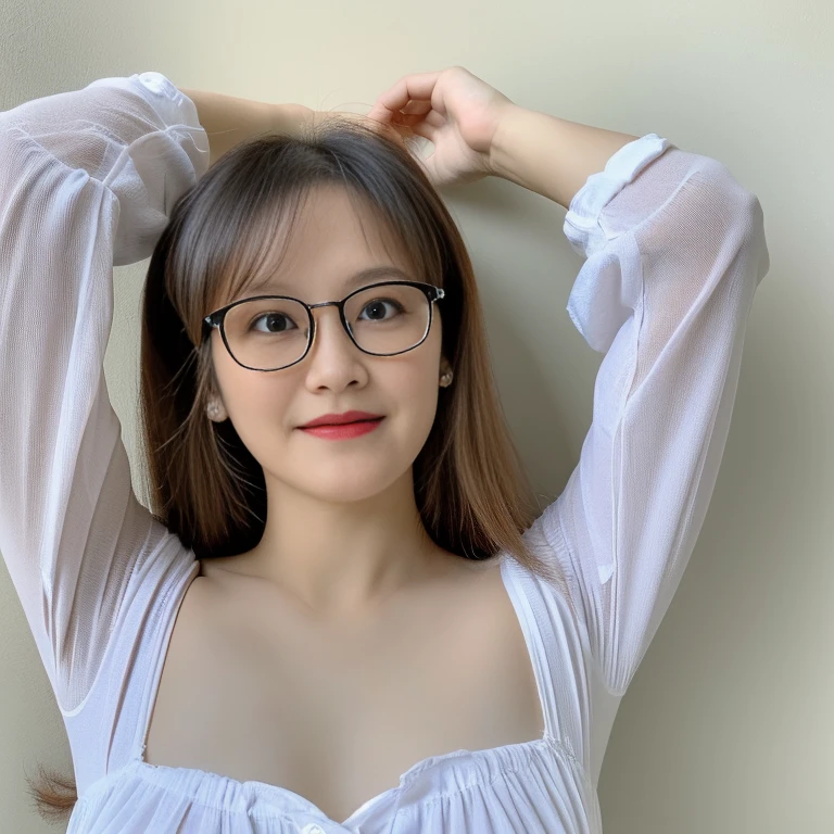 (masutepiece,Best Quality,ultra-detailliert,4K Portrait:1.5),breasts are small: 1.3, no breast: 1.3, slender young vietnamese girl, a baby face,Long blonde hair mixed with black,You can see your armpits, Belly showing, fullnude,Photograph the whole body