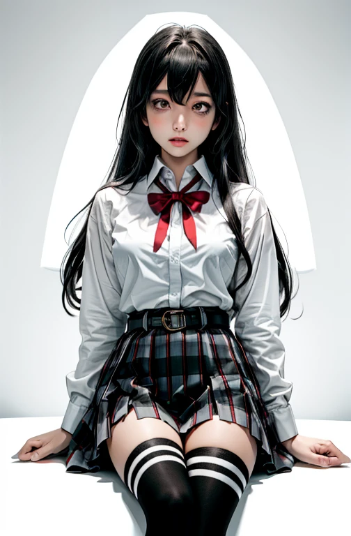 1 girl as yukino yukinoshita, absurdres, highres, solo, school uniform, big breasts, waist long black hair, (twintails:0.5), miniskirt, black thighhigh socks, loose red ribbon, unbuttoned white shirt, (ahegao:1.2), (rolling eyes:1.2), spread legs