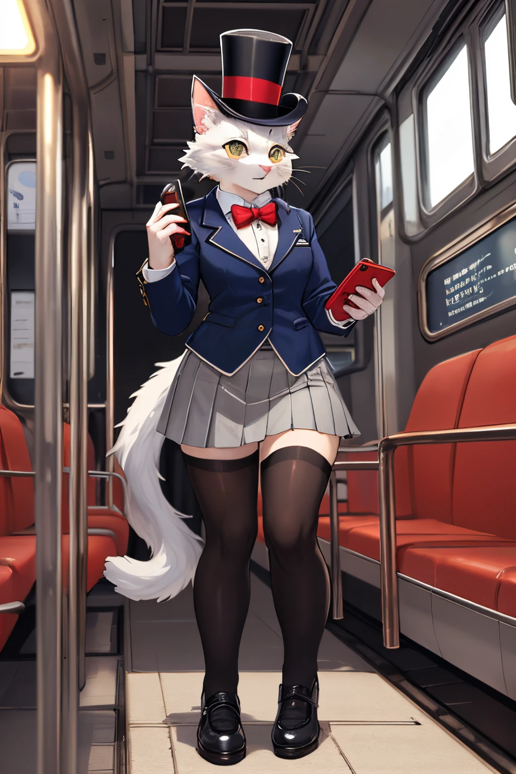 ((best quality)), ((masterpiece)), (detailed),a fullbody portrait of a white cat who is a train conductor talking on phone, red telephone, big top hat, formal uniform, skirt, steampunk, anthro female, anthro cat, athletic female, perfect face, wide shot, kemono